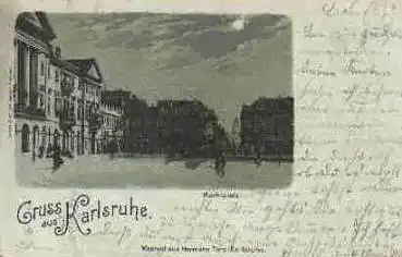 Karlsruhe Marktplatz Mondschein Litho vonm Warenhaus Hermann Tietz o 18.10.1898