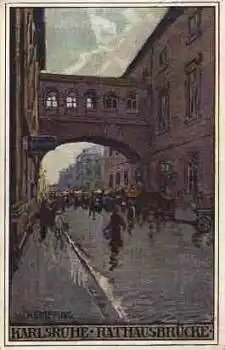 Karlsruhe Rathausbrücke Künstlerkarte Wilhelm Hempfing *ca. 1920