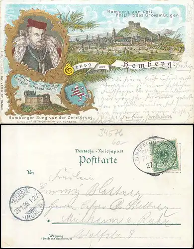 34576 Homberg Philipp der Großmütige (Hessen) Litho Bahnpost Zug 246 Leinefelde - Treysa o 28.01.1898