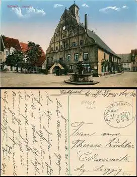 04668 Grimma Rathaus Bahnpost Leipzig-Döbel-Dresden Zug 1504 o 21.8.1915