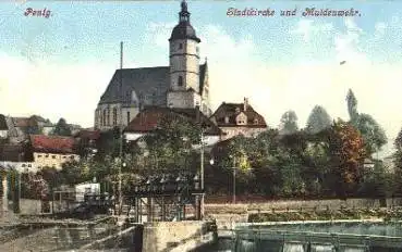09322 Penig Sachsen Stadtkirche und Muldenwehr o 1908