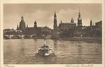 Dresden von der Marienbrücke mit Frauenkirche Elbdampfer *ca.1930