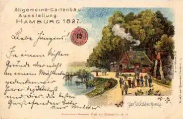 Hamburg Waldschenke Litho Gartenbauausstellung gebr. 1897