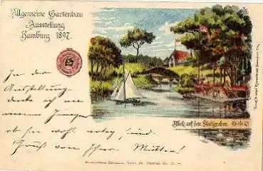 Hamburg Stadtgraben Litho Gartenbauausstellung gebr. 1897