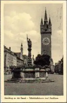 94315 Straubing Tiburtiusbrunnen und Stadtturm o 5.8.1954
