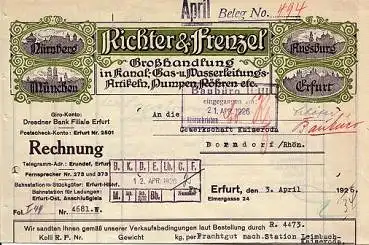 Erfurt Richter & Frenzel Klempnerbedarf Grosshandel Briefkopf 03.04.1926