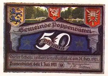 Poppenbüttel Hamburg Städtenotgeld Wert 50 Pfennige 1921