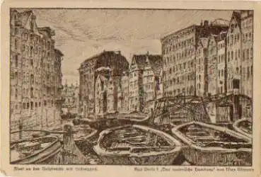 Hamburg Fleet an Holzbrücke mit Hafenhaus Künstlerkarte Ullmann * ca. 1920