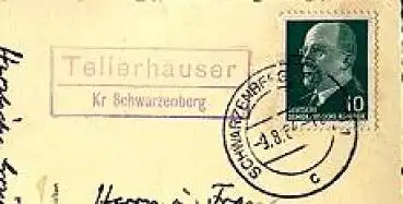 08355 Tellerhäuser Kreis Schwarzenberg Landpoststempel auf AK o 9.8.1964