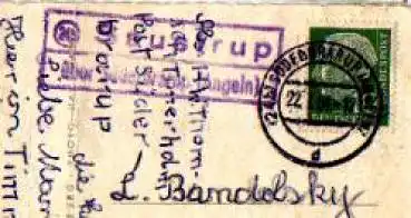 24392 Saustrup über Südenbrandrup (Angeln) Landpoststempel o 22.7.1954  auf AK Hamburg