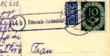 88400 Biberach-Jordanbad Posthilfsstellenstempel o 29.7.1953  auf AK Oberes Kurhaus mit Saalbau