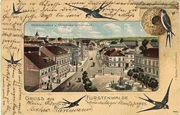 15517 Fürstenwalde, Gruss aus ..., Denkmalsplatz u. Münchebergerstr., Farblitho, o 12.3.05