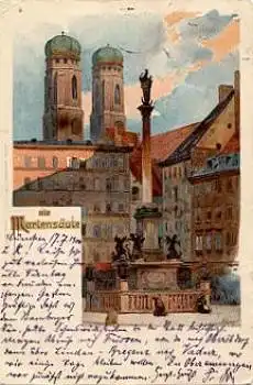 München Mariensäule Künstlerkarte Heinrich Kley o 18.7.1900