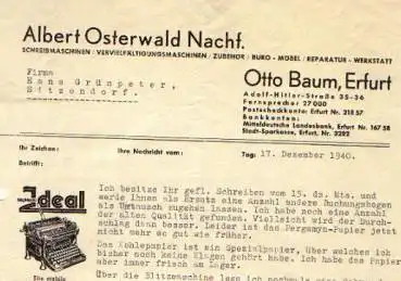 Erfurt Schreibmaschinen Albert Osterwald Nachf. Otto Baum Adolf-Hitler-Strasse 35 Briefkopf 1940