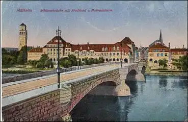 Mülheim Ruhr Schlossbrücke mit Stadtbad und Rathausturm gebr. 7.3.1925