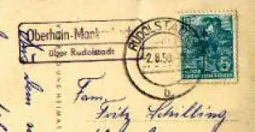 07426 Oberhain-Mankenbach über Rudlostadt Landpoststempel  auf AK Schwarzatal o 2.8.1959
