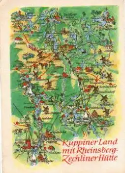 Alfred Hoppe Ruppiner Land mit Rheinsberg-Zechliner Hütte Landkarten-AK  1968