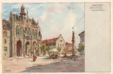 Erfurt, Rathaus u. Fischmarkt, Künstlerkarte M. Merka, * ca. 1900