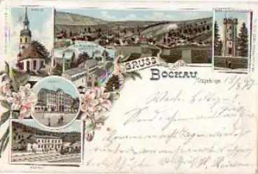 08324 Bockau Litho Bahnhof o 13.9.1897 Bahnpost Chemnitz - Aue - Adorf Zug Nr. 618