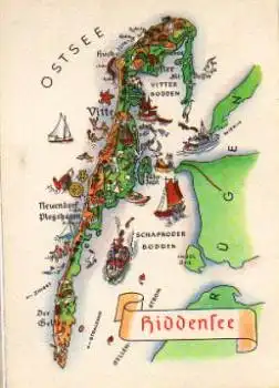 18565 Hiddensee Landkarte Künstlerkarte Hoppe gebr. ca. 1965