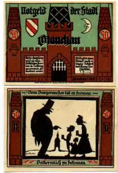 08371 Glauchau, Städtenotgeld, Wert 50 Pfennige, Eule, Mond, 1921