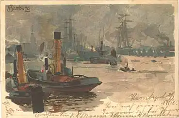 Hamburg Hafen Künstlerkarte Heinrich Kley gebr. 1900