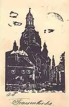 Dresden Frauenkirche Lineolschnitt als AK o 6.2.1933