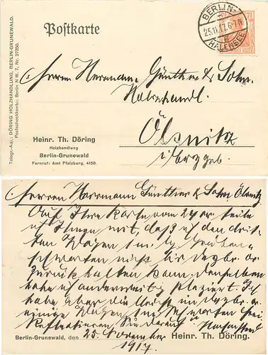 Grunewald Berlin Karte mit Werbezudruck Holzhandlung Döring o 25.11.1917