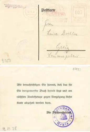 07973 Greiz  Absenderfreistempel o 12.11.1939 auf Karte