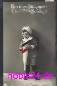 Erster Schulgang Glückwunschkarte Junge mit Zuckertüte o 11.4.1916