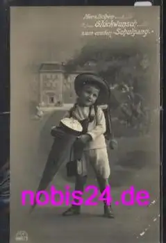 Schulbeginn Junge mit Zuckertüte Ranzen Glückwunschkarte *ca.1913