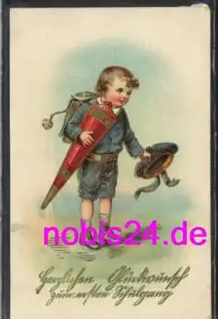 Erster Schulgang Junge mit Zuckertüte Prägeglückwunschkarte  o 1913
