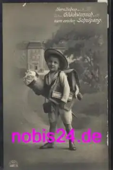 Erster Schulgang Junge mit Zuckertüte Ranzen Glückwunschkarte *ca.1913