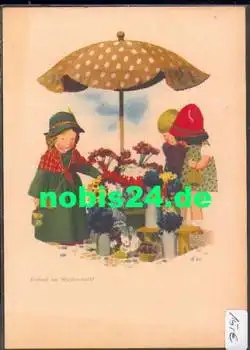 Wochenmarkt Käthe Kruse Puppen Künsterkarte A. Wagner  *ca. 1940