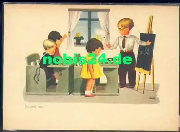 Käthe Kruse Puppen Serie "Sie weiss nichts" Schule Künstlerkarte A. Wagner * um 1940