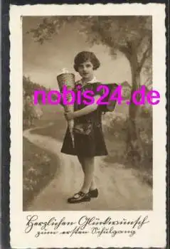 Schulbeginn Mädchen mit Zuckertüte Glückwunschkarte *ca.1933