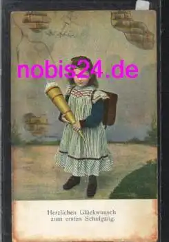 Schulbeginn Zuckertüte Glückwunschkarte Mädchen *ca.1920