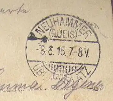 Tuppenübungsplatz Neuhammer Queis Stempel auf AK 8.6.1915