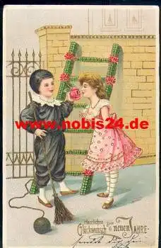 Schornsteinfeger mit Mädchen Goldschnittkarte o 31.12.1909