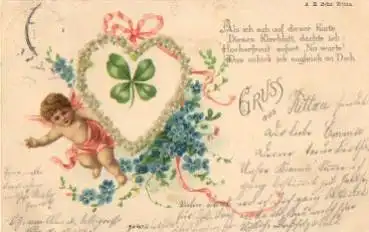 Kind mit Herz, Kleeblatt, Vergissmeinnicht o 26.8.1900