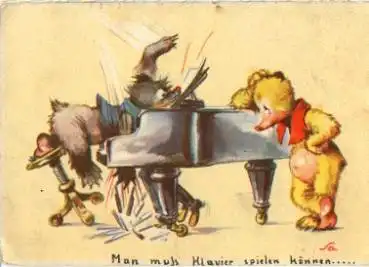 Teddybär am Klavier Humorkarte *ca. 1950
