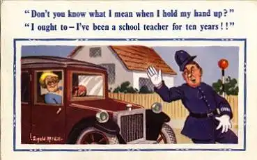 Polizei Autofahrerin will Polizist überfahren Humorkarte * ca. 1950