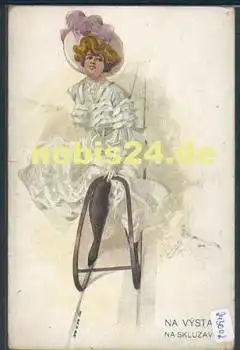 Dame auf Rodelschlitten Künstlerkarte *ca. 1910