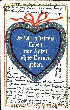 Blaues Herz mit Spruch Es soll in Deinem Leben nur Rosen ohne Dornen geben o 22.8.1926