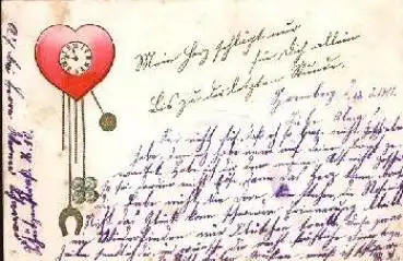 Herzuhr Hufeisen Kleeblatt Prägekarte o 14.5.1902