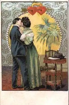 Herz Kuss Mann und Frau küssen sich Herzpfeil Prägekarte * ca, 1910