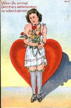 Herz, Frau mit Rosen, Wenn Du einmal Dein Herz verschenkst, ...gebr. ca. 1920