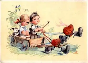 Kinder sitzen in Wagen von Herzen gezogen gebr. ca. 1930