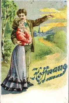 Liebespaar "Hoffnung" mit Vergissmeinnicht Prägekarte o 16.9.1911