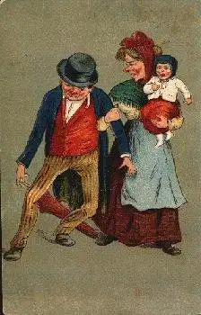 Frau mit Kind im Arm, Mann am anderen, Humor, Prägekarte, gebr. ca. 1920
